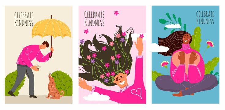 Hand drawn kindness concept flat cartoon card set