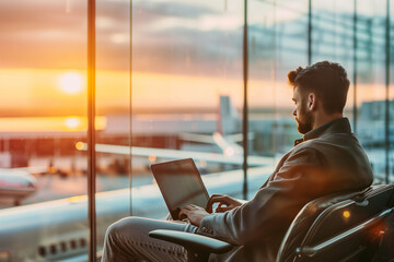 Man working on a laptop at the airport terminal departure zone, waiting for boarding, digital nomad lifestyle