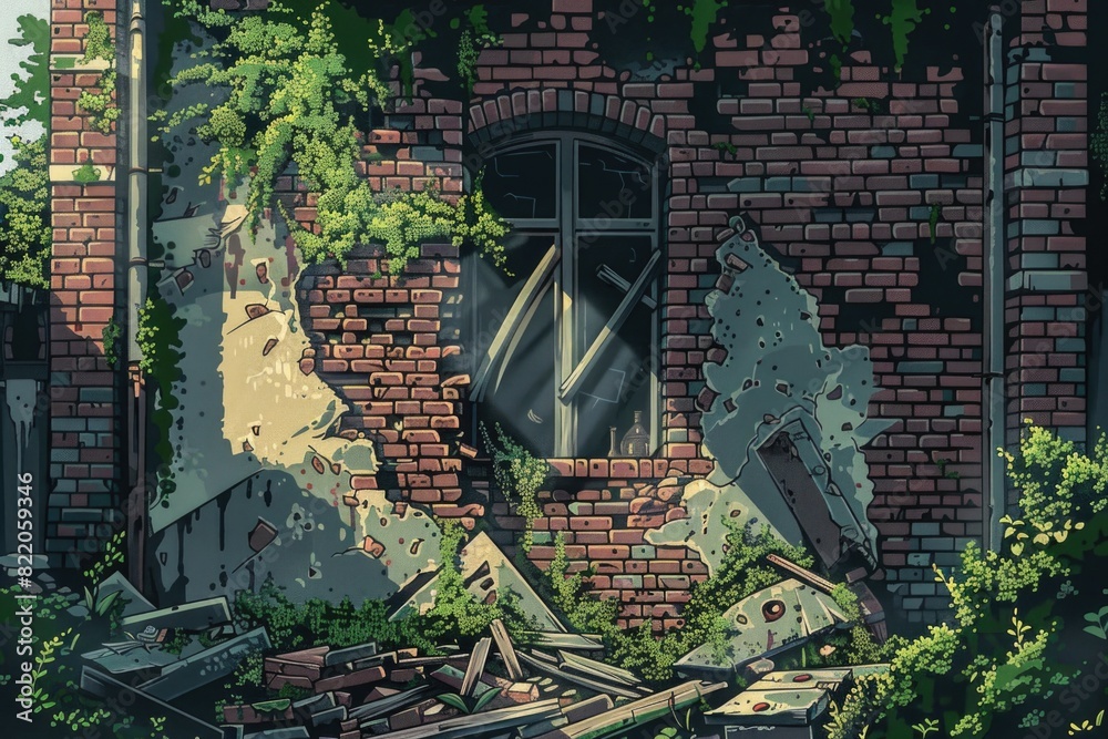 Poster a deserted building with a shattered window. suitable for illustrating urban decay