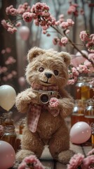 Charming, beautiful, full of love and seductiveness, an intricate 3D rendering of a brown chubby teddy bear, dressed in a cottobn bow tie and tenderly hugging an old film camera. Bear is surrounded by