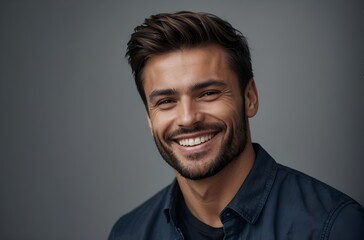 Fototapeta premium Portrait_of_a_handsome_man_smiling_against_grey_background