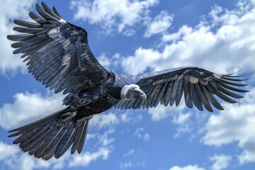 Obraz premium A large black bird soaring through a clear blue sky. Suitable for various themes
