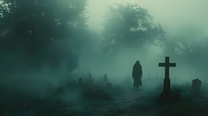 A Halloween zombie emerging from a foggy graveyard