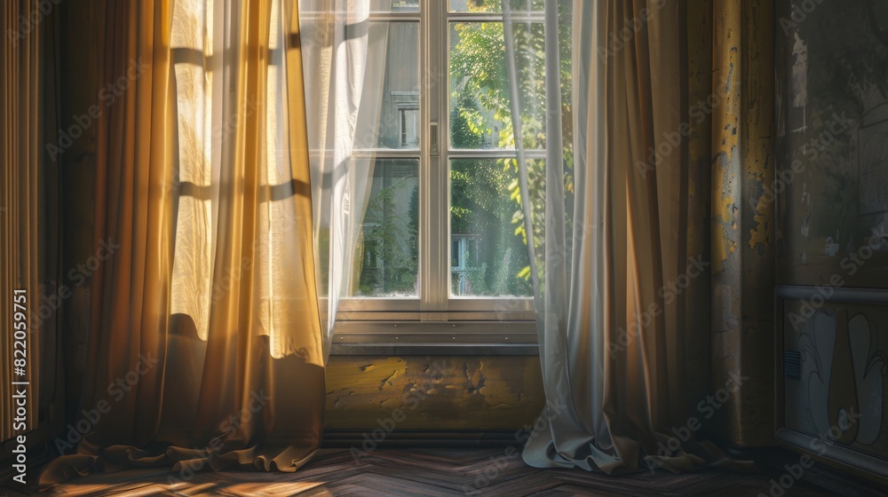 Aufkleber A simple room with a window and a curtain. Suitable for various interior design concepts