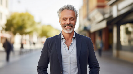 Fototapeta premium Confident happy smiling bearded mature businessman standing in the city, looking at camera