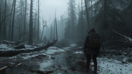 Obraz premium Atmospheric shot of a lone hiker with a backpack walking through a foggy, snowy forest, creating a mood of mystery and exploration.