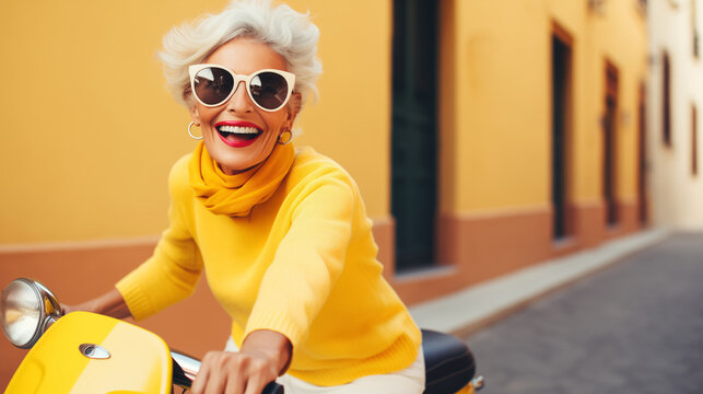 Cheerful happy senior woman riding scooter on city street, stylish elderly female driving moped