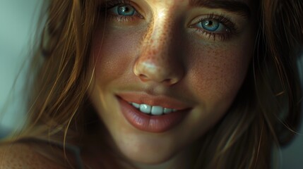 Close up portrait of a woman with freckles. Suitable for beauty or skincare concepts