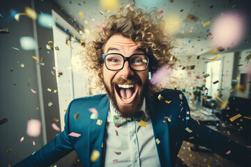 Joyful businessman celebrating having a party fun in the office