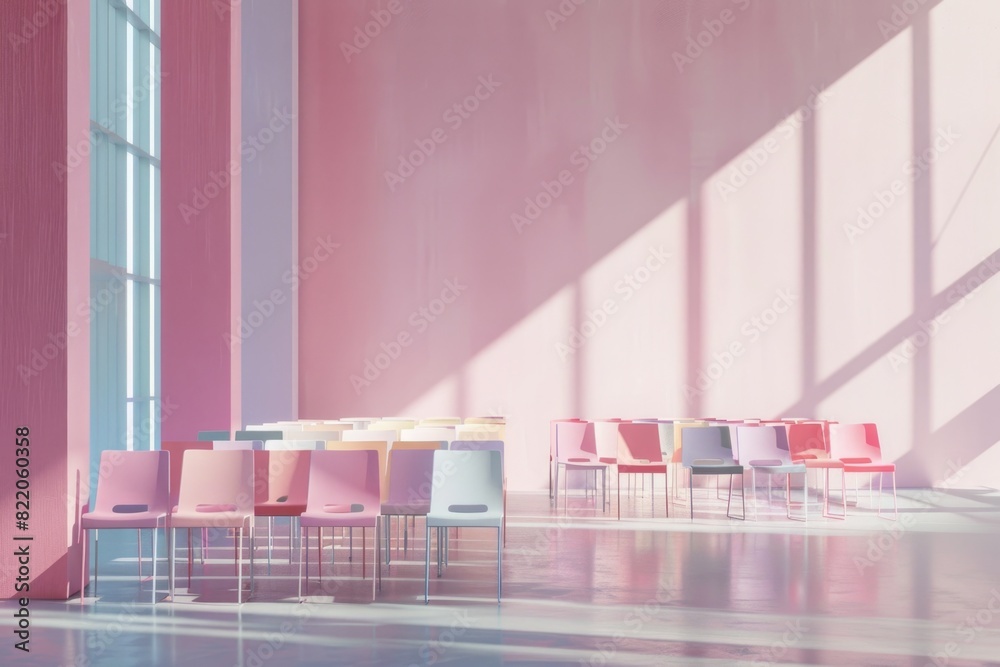 Wall mural Row of chairs against a pink wall, ideal for interior design concepts