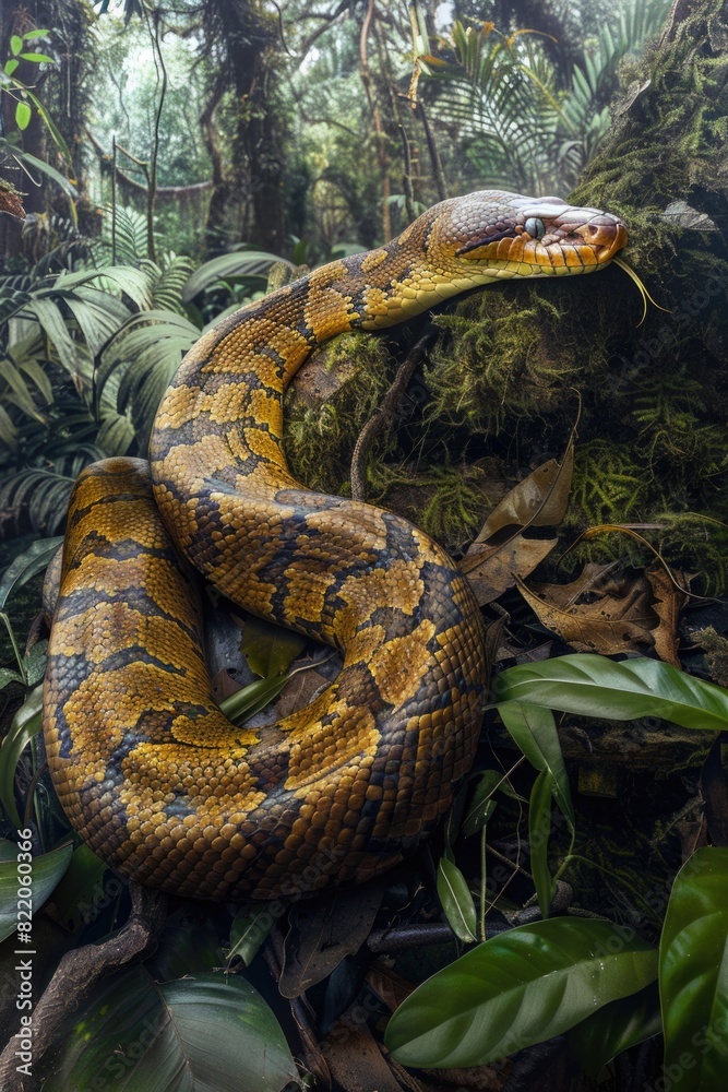 Poster a large snake in the middle of a forest. suitable for nature or wildlife themes