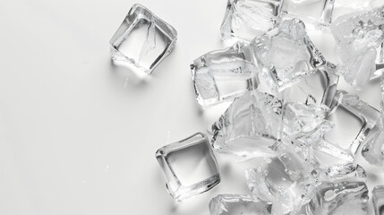 Crystal clear ice cubes on white background