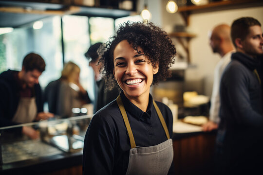 Happy smiling African woman barista, coffee house or cafe worker, young waiter in coffee shop