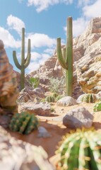 Abstract Desert Landscape With Towering Cacti,Photorealistic HD