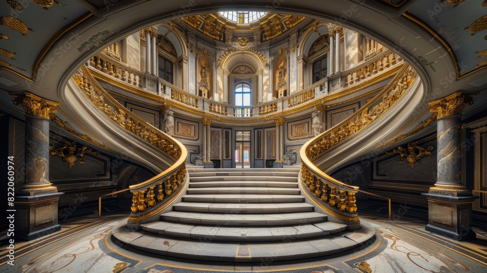 Poster A staircase in a large building with a skylight. Suitable for architectural and interior design concepts