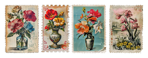 Vintage postage stamps of flowers png on transparent background