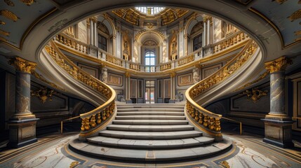 A staircase in a large building with a skylight. Suitable for architectural and interior design concepts