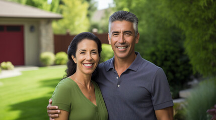 Fototapeta premium Portrait of happy smiling Hispanic mature couple owners in summer backyard of own new country house