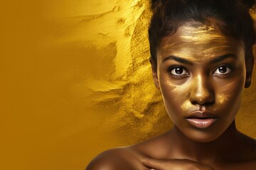 Gold background sad black independant powerful Woman realistic person portrait of young beautiful bad mood expression girl Isolated on Background racism skin color 