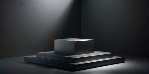 Black podium or pedestal display on dark background with cube platform