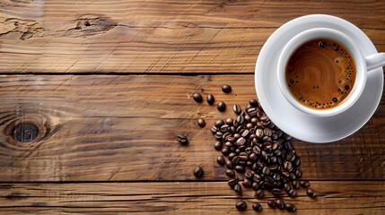 Cup of hot aromatic coffee and roasted beans on wooden