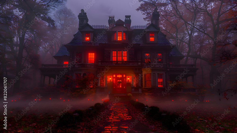 Wall mural A haunted house glowing under the moonlight on Halloween night, with eerie decorations and mist. - Wall murals
