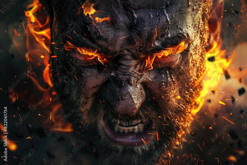 Poster a close up of a man with fire on his face. suitable for intense and dramatic themes