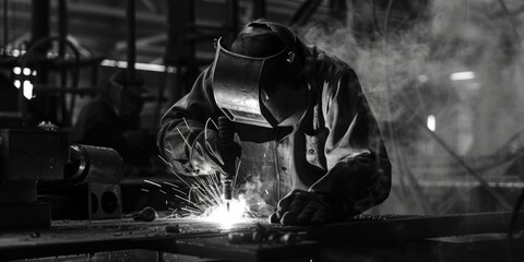 A skilled welder working on a piece of metal. Suitable for industrial and manufacturing concepts