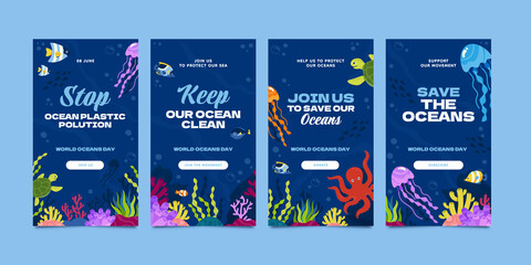 Hand drawn world oceans day app design set