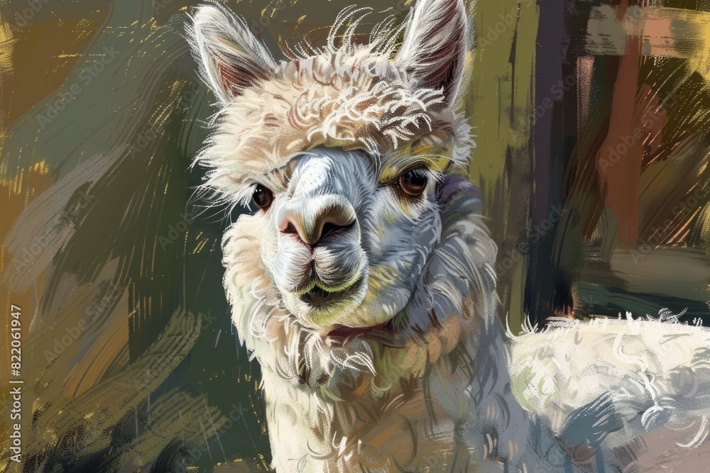Poster a close-up shot of a llama with a blurry background, suitable for various projects