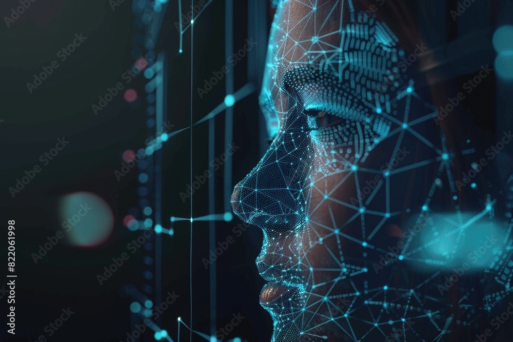 Poster close-up of a woman's face behind a wire mesh, suitable for security or privacy concepts