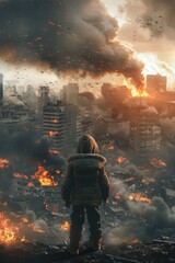 Fototapeta premium A man standing on top of a roof with a fire in the background. Ideal for illustrating danger or emergency situations