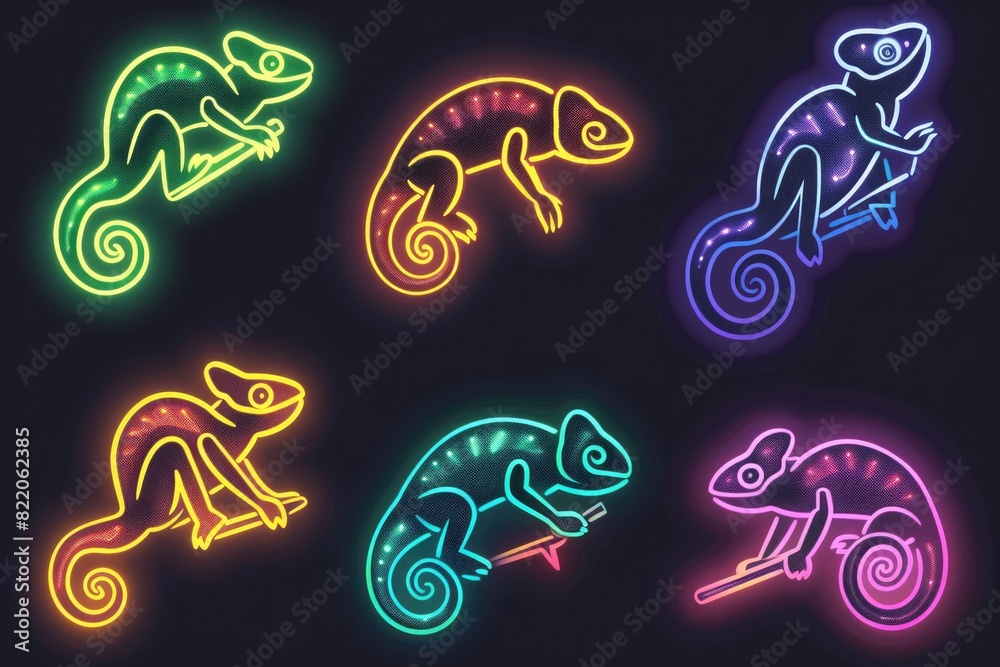 Poster a group of neon colored chameleons on a dark backdrop. ideal for nature and wildlife themes