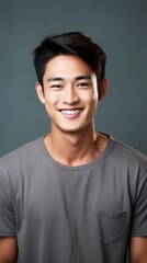 Gray Background Happy asian man realistic person portrait of young teenage beautiful Smiling boy good mood Isolated