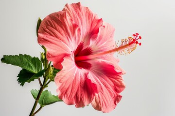 Realistic photograph of a complete Hibiscus,solid stark white background, focused lighting