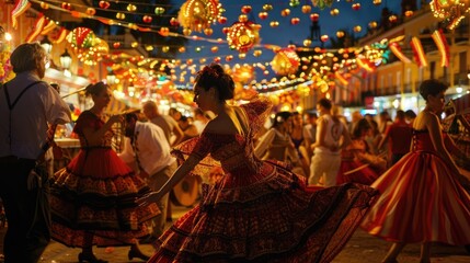 A woman in a red dress dancing in the street. Suitable for lifestyle and fashion concepts