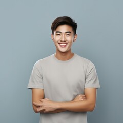 Gray Background Happy asian man realistic person portrait of young teenage beautiful Smiling boy good mood Isolated