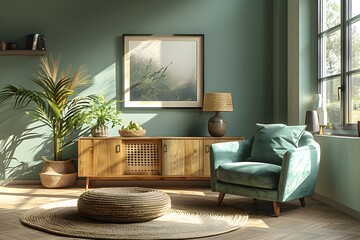 Modern dining room with round wooden table, mint green chair and cabinet near window with trees outside, mockup poster