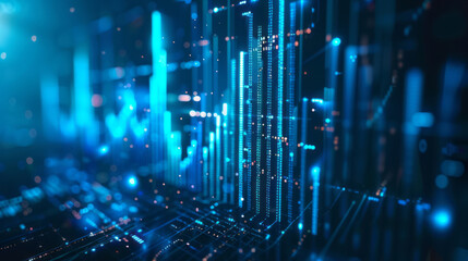 A digital graph and bar chart of stock market or financial data with a blue glowing light effect on a black background, symbolizing a technology concept for business growth and rising theme.