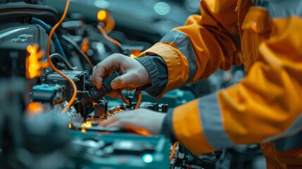 Close-up of a mechanic's hands connecting diagnostic equipment to an EV car