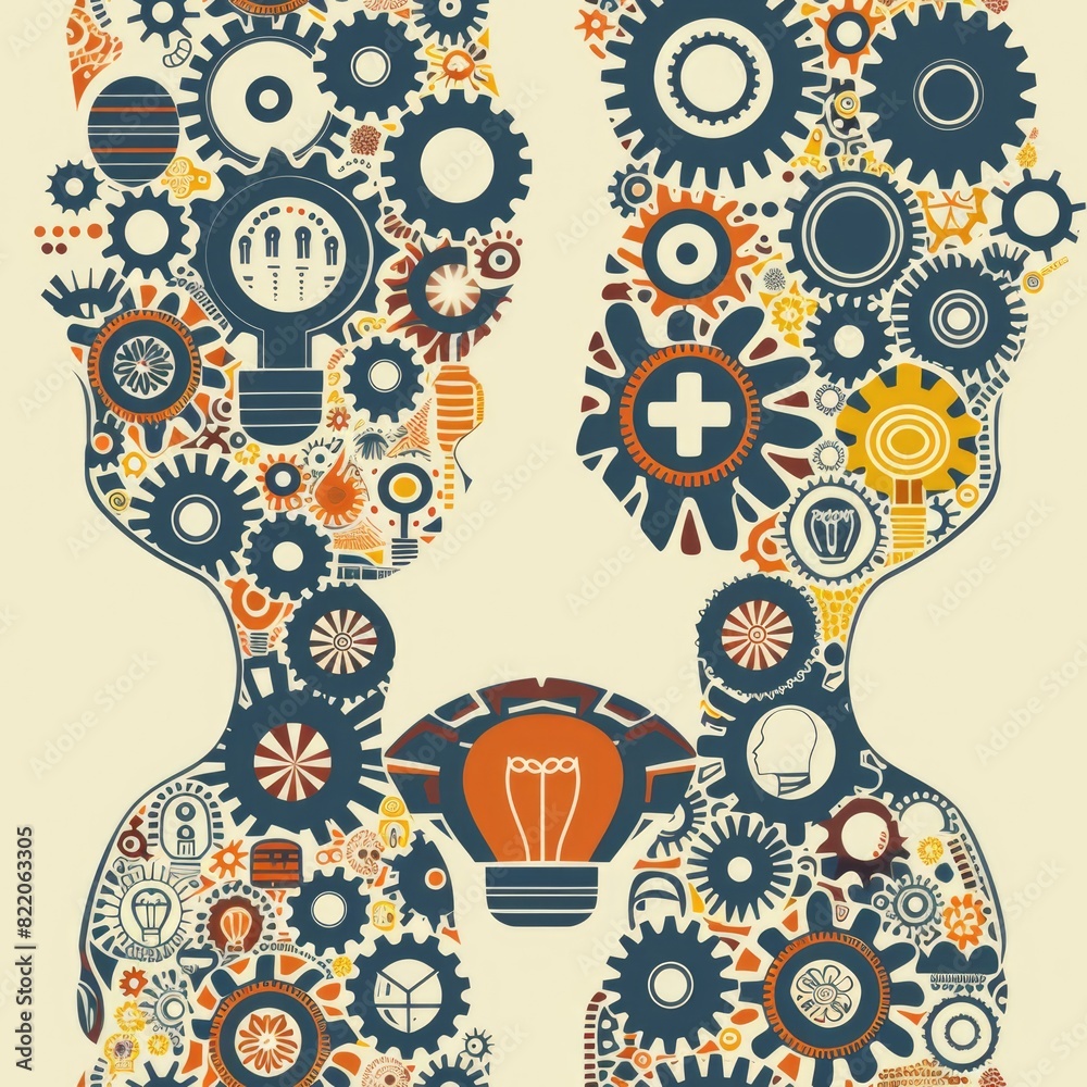 Poster silhouettes of two people holding gears and a glowing light bulb. ideal for illustrating teamwork an