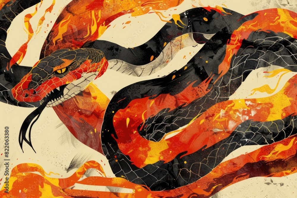 Poster a painting of a snake on a fiery background. suitable for themes related to danger and heat