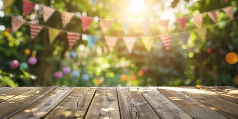 A wooden tabletop is set against a blurred background of a garden party and bunting flag decoration, suitable for a summer celebration or festive concept.
