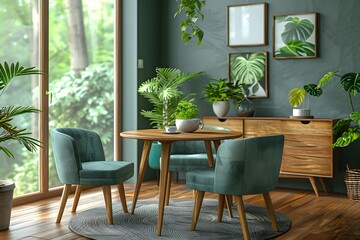 Fototapeta premium Modern dining room with round wooden table, mint green chair and cabinet near window with trees outside, mockup poster