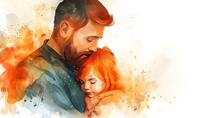 Watercolor paint splash painting of father holds his daughter on white background, love care support father day and parenthood concept