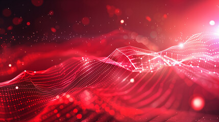 Abstract red tech background with digital waves, Dynamic network system, Artificial neural connections, Technology background. 