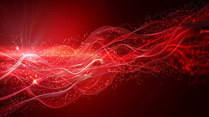 Abstract red tech background with digital waves, Dynamic network system, Artificial neural connections, Technology background. 