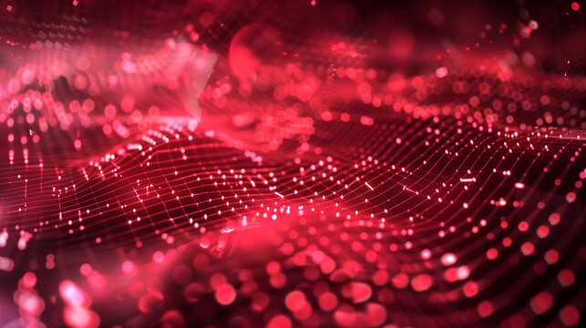 Abstract red tech background with digital waves, Dynamic network system, Artificial neural connections, Technology background. 