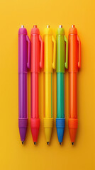 Colorful illustration of various pens on color background