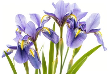 Realistic photograph of a complete Irises,solid stark white background, focused lighting